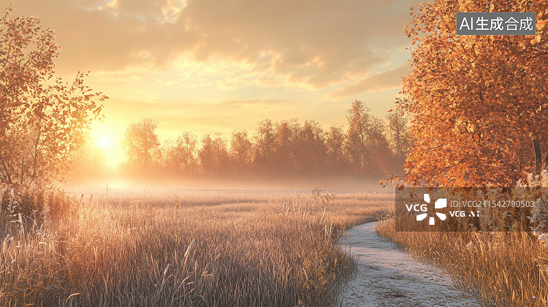 【AI数字艺术】冬季早晨路边枯草结霜，阳光透过迷雾照耀在大地上图片素材