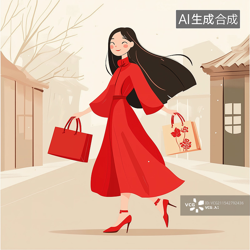【AI数字艺术】扁平插图，两手提着礼品袋子走在路上的红裙女子，提着礼品走在路上的穿红裙女子图片素材
