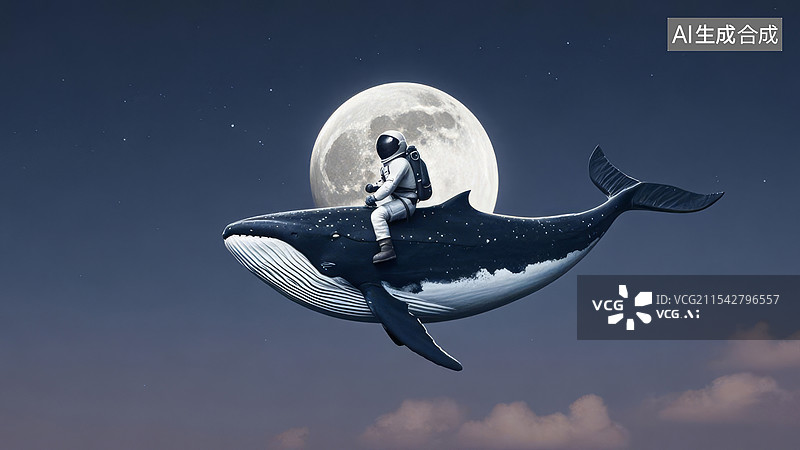 【AI数字艺术】一个宇航员骑着一条鲸鱼，飞在天空中，一个超大的月亮，昏暗的天空，简约的背景，极简的画面图片素材