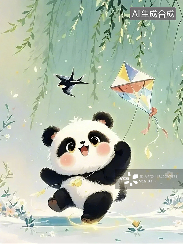 【AI数字艺术】春天立春可爱熊猫放风筝图片素材