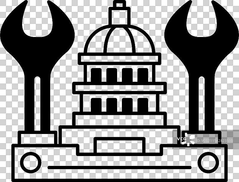 一幅有圆顶的建筑图画和两件工具图片素材