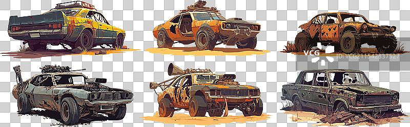 未来派生锈汽车末日场景中的旧车图片素材