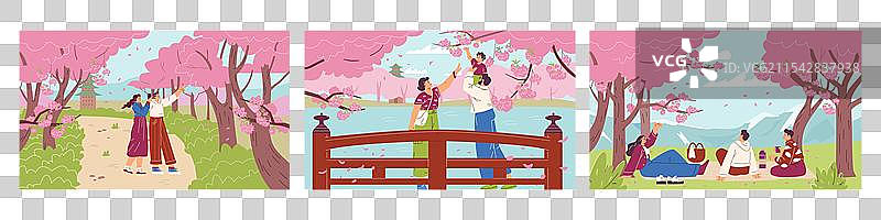 人们欣赏日本樱花的风景图片素材