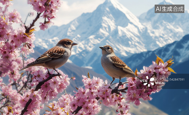 【AI数字艺术】两只色彩鲜艳的太阳锥尾鹦鹉（Sun Conure），它们栖息在一棵开满粉色花朵的树枝上。背景是模糊的图片素材