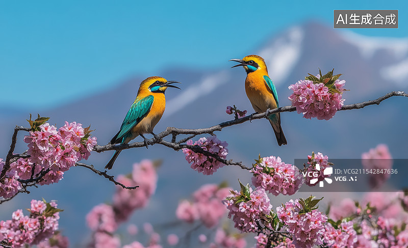 【AI数字艺术】两只色彩鲜艳的太阳锥尾鹦鹉（Sun Conure），它们栖息在一棵开满粉色花朵的树枝上。背景是模糊的图片素材