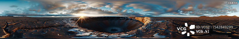 【AI数字艺术】地球上一颗巨大陨石坑的特写，周围是裂开的荒芜地形，浓云下的天空显得极为戏剧化，强调自然力量的巨大规模图片素材