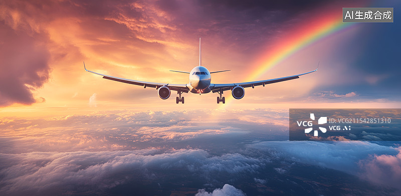 【AI数字艺术】一架飞机在云层上方飞行的场景，背景是美丽的彩虹和绚丽的日落天空。飞机的起落架已经放下，似乎正在准备降图片素材
