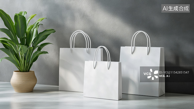 【AI数字艺术】室内里的白色购物袋和绿植图片素材