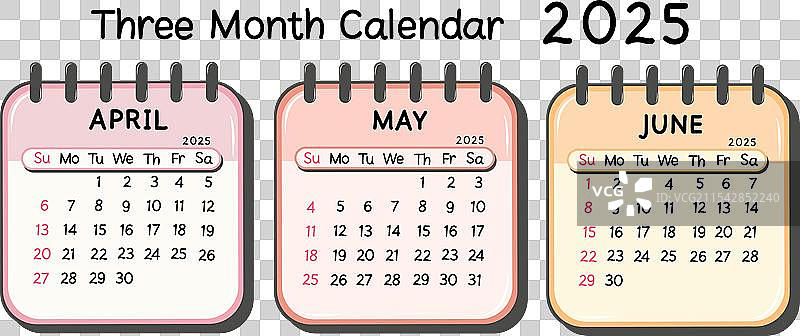 2025年4月、5月、6月的第二季度日历图片素材