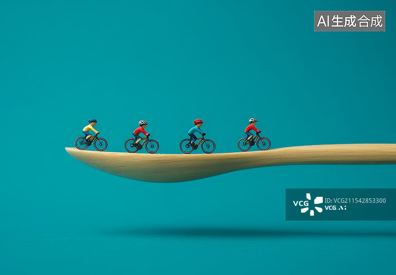 【AI数字艺术】一个有趣的创意场景，三名微型自行车手模型被放置在一个木质勺子上。背景是柔和的浅蓝色图片素材