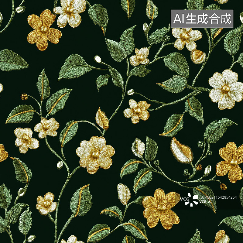 【AI数字艺术】绿色金色国风刺绣缠枝花卉图案四方连续循环无缝拼接背景图片素材