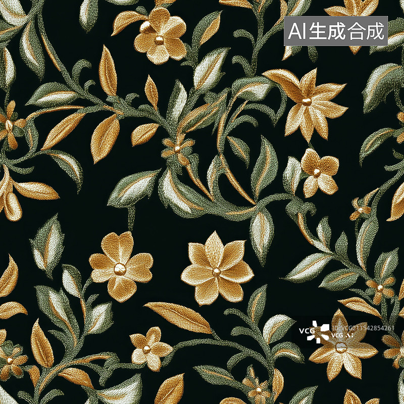 【AI数字艺术】绿色金色国风刺绣缠枝花卉图案四方连续循环无缝拼接背景图片素材