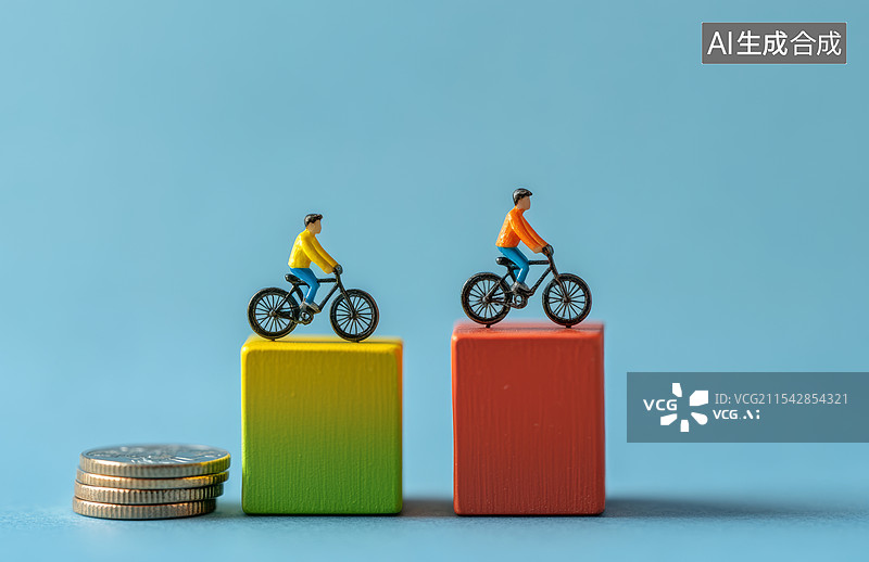 【AI数字艺术】微型自行车手模型分别骑在两个不同颜色的立方体上图片素材