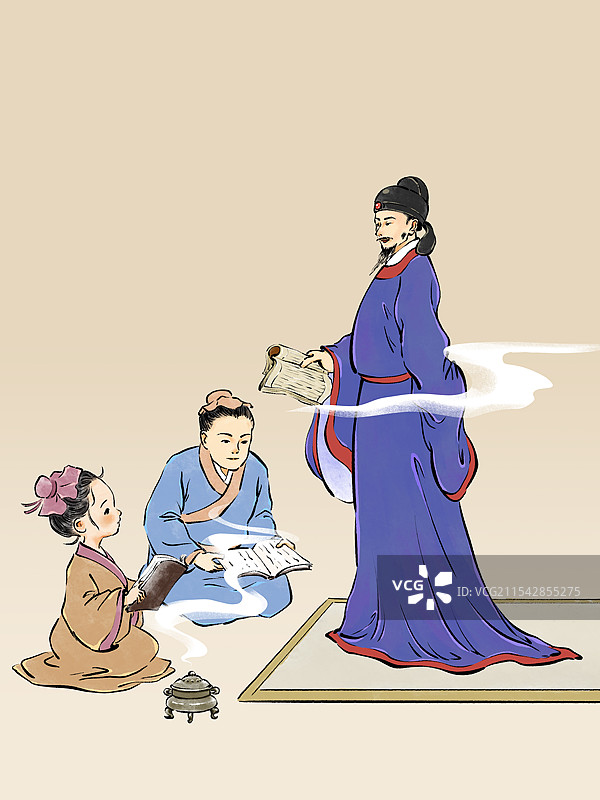 古代私塾老师给学生授课的场景插画图片素材