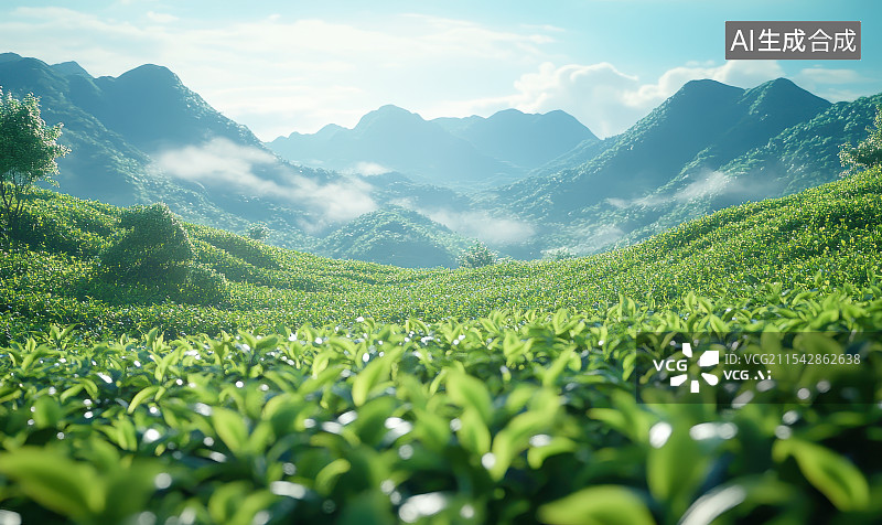 【AI数字艺术】晴朗天气绿茶茶园图片素材