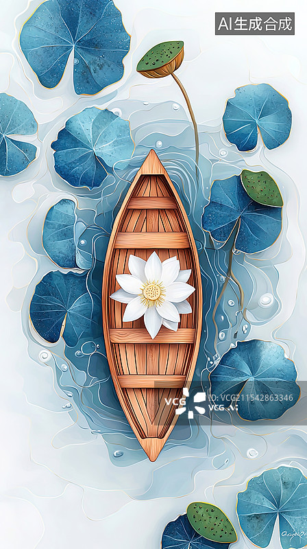 【AI数字艺术】一只小木船静静地停泊在荷塘上，小木船，荷叶，荷花，夏天，壁纸，背景图片素材
