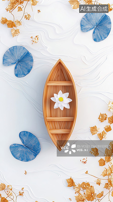 【AI数字艺术】一只小木船静静地停泊在荷塘上，小木船，荷叶，荷花，夏天，壁纸，背景图片素材