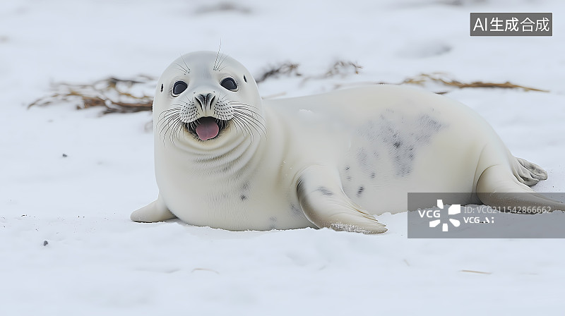 【AI数字艺术】雪地上的白色小海豹图片素材