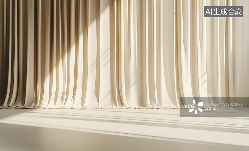 【AI数字艺术】淡黄色幕布褶皱窗帘地板家具产品背景图片素材