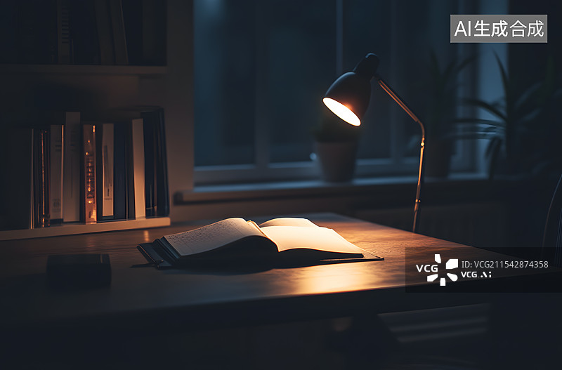 【AI数字艺术】夜晚室内书房桌子上一盏台灯照亮桌面上的书籍纸张，学习读书商务插画无人图片素材
