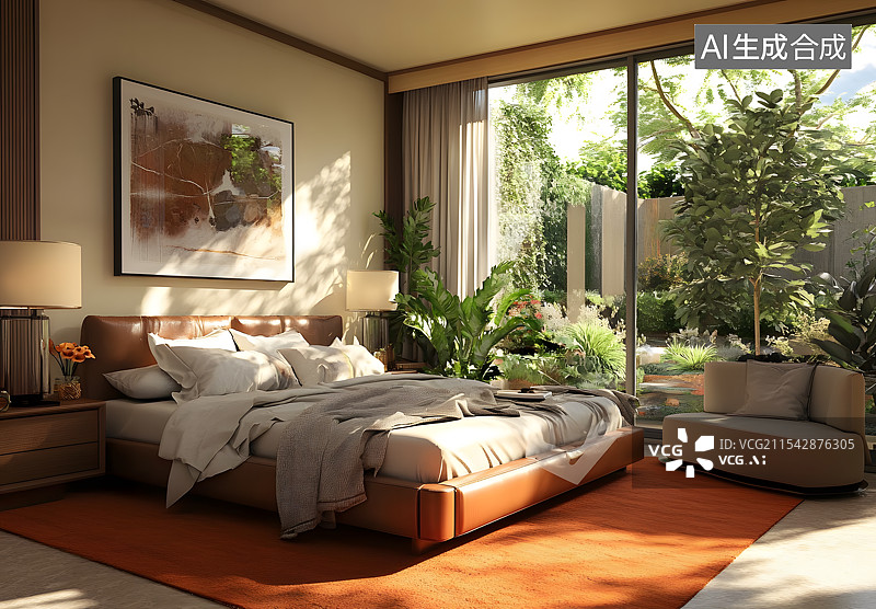 【AI数字艺术】橙色白色卧室效果图床地毯落地窗绿色植物装饰画效果图室内家具清新图片素材