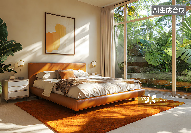 【AI数字艺术】橙色白色卧室效果图床地毯落地窗绿色植物装饰画效果图室内家具清新图片素材