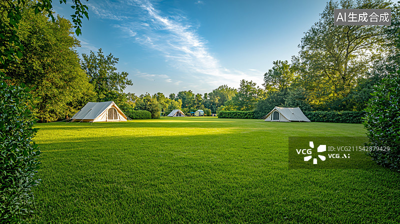【AI数字艺术】宁静的露营地，草地、草棚与空地环绕于静谧森林中。为自然爱好者提供简约和平和的户外休憩地。图片素材