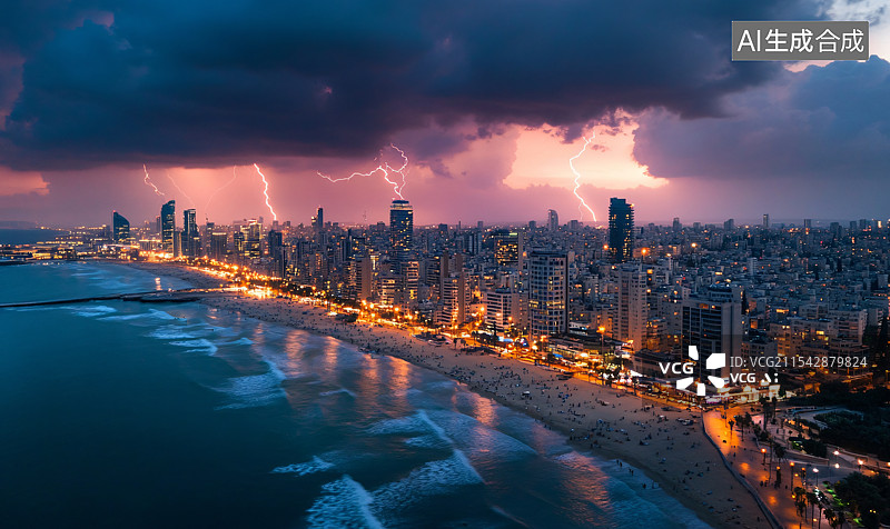 【AI数字艺术】黄昏时分，从航拍视角下拍摄的城市上空雷暴，闪电与雷鸣交织。风暴的天空与城市灯光形成强烈对比，展现自然图片素材