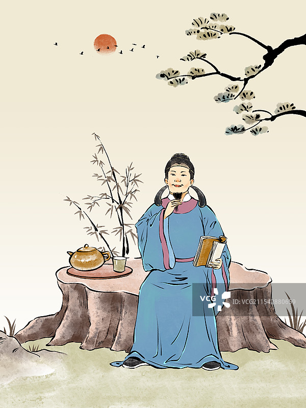 古代文人雅士诗人坐在户外大木头桩上看书喝茶的场景图片素材