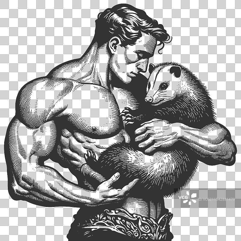 强壮男士手持负鼠的雕刻图片素材