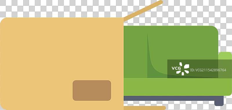 绿色沙发从纸箱中拆箱后图片素材