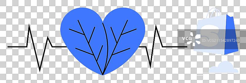 带有脉搏线的蓝色心形和购物袋图片素材