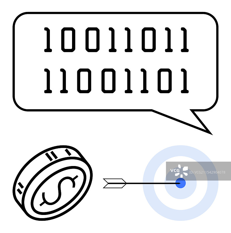 带有硬币和箭头的对话气泡中的二进制代码图片素材