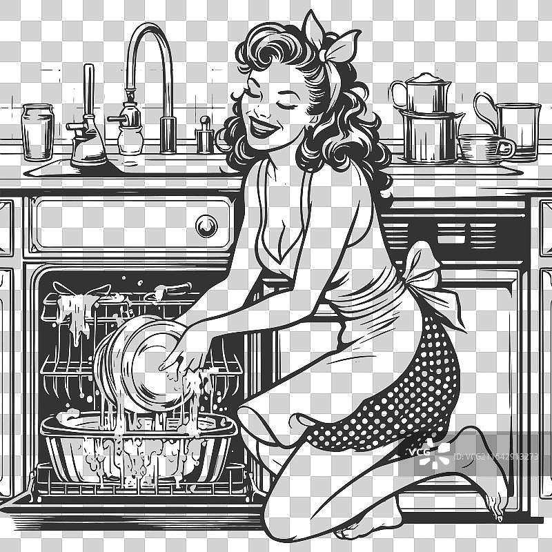 快乐的家庭主妇在洗碗的雕刻画图片素材