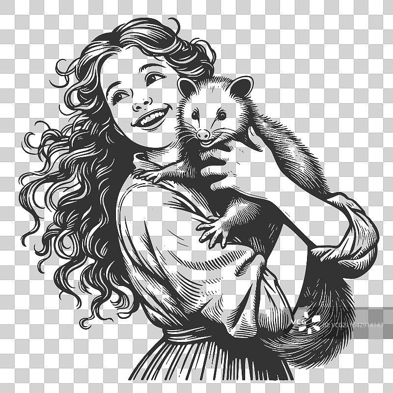 女人抱着负鼠或雪貂的雕刻图片素材