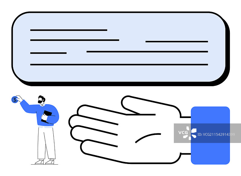 手持文件的男人与大型蓝色手的抽象聊天图片素材