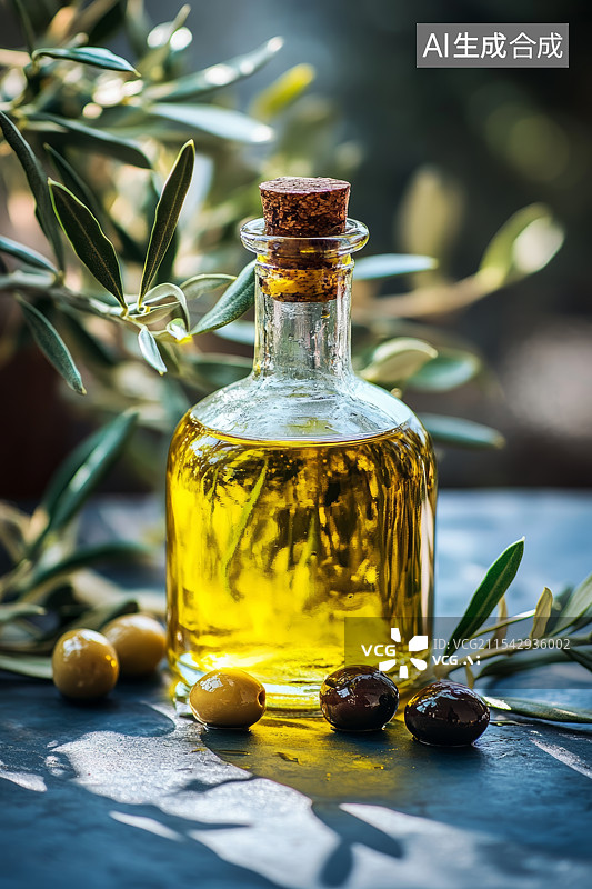 【AI数字艺术】橄榄油瓶与橄榄果的自然摆拍图片素材