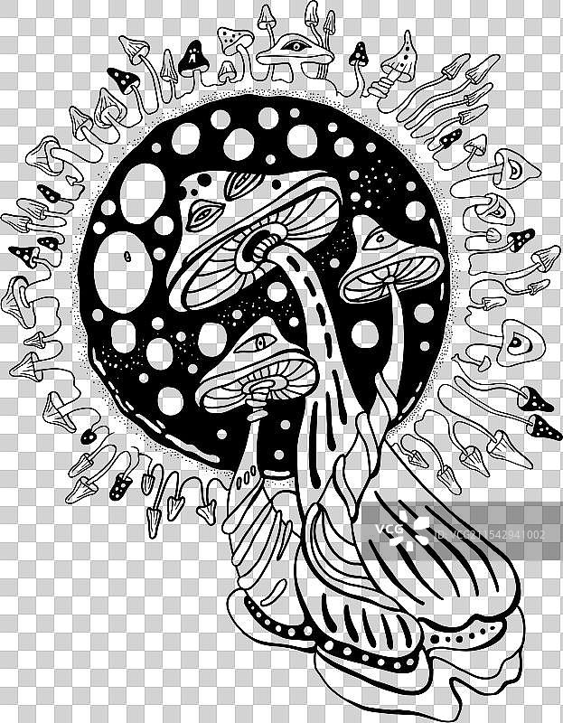 魔幻迷幻蘑菇涂色页图片素材
