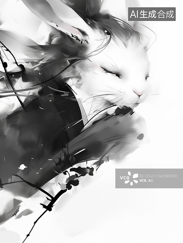 【AI数字艺术】十二生肖兔水墨画图片素材
