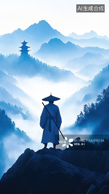 【AI数字艺术】淡蓝色调优雅中国水墨人物插画晨雾山水中的潇洒剑客背影色艺术作品古代侠义精神书籍插图海报图片素材