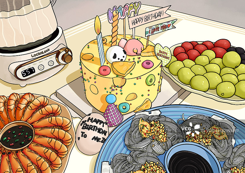 生日时桌上盘子里的食物的高角度视图图片素材