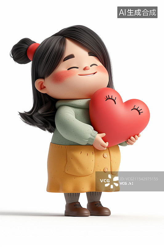 【AI数字艺术】可爱胖乎乎的小女孩抱着心图片素材