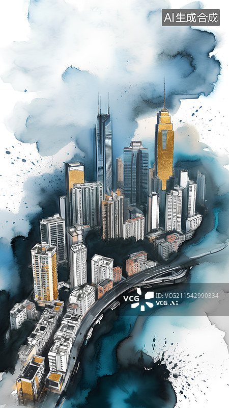 【AI数字艺术】中国画 写意画 城市风光地标建筑城市风光图片素材