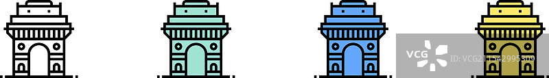 印度门图标轮廓，绿色、蓝色和黄色图片素材