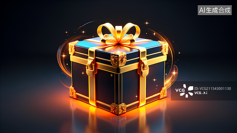 【AI数字艺术】黑色背景下 神秘的发光的黄金礼品盒子图片素材