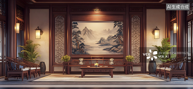 【AI数字艺术】中式传统风格山水画装修家居家具效果图桌子椅子沙发壁画光图片素材