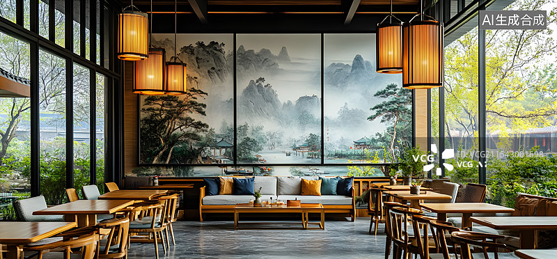 【AI数字艺术】中式传统风格山水画装修家居家具效果图桌子椅子沙发壁画光图片素材