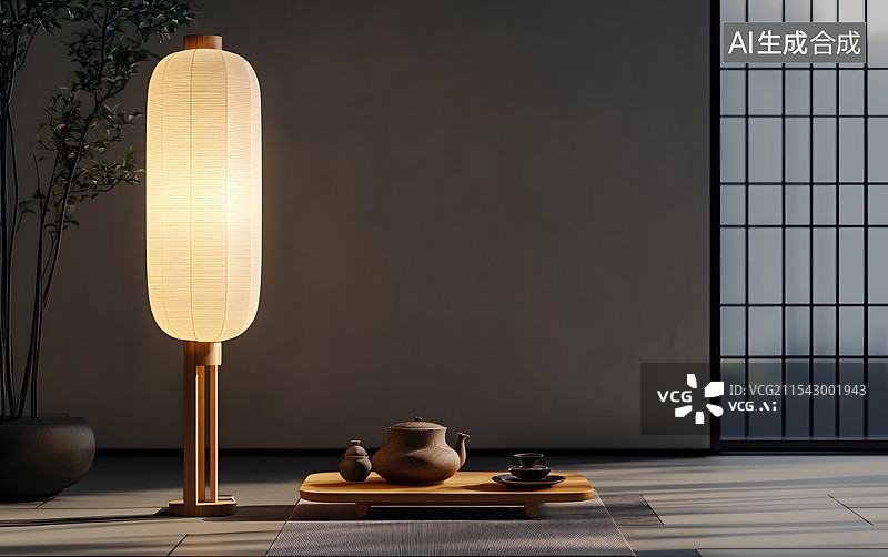 【AI数字艺术】中式传统风格灯具和茶桌茶壶绿植盆栽3D渲染效果图图片素材