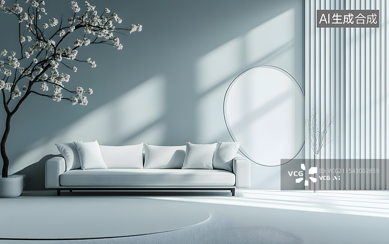 【AI数字艺术】浅蓝色高雅室内无人电商产品展台，白色沙发家具家居白色梅花盆栽圆形墙面装饰图片素材