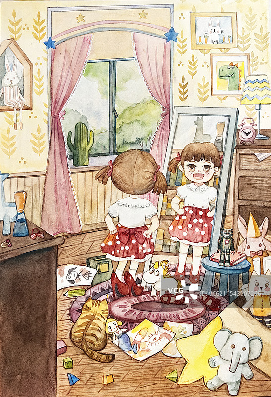 照镜子的小女孩图片素材